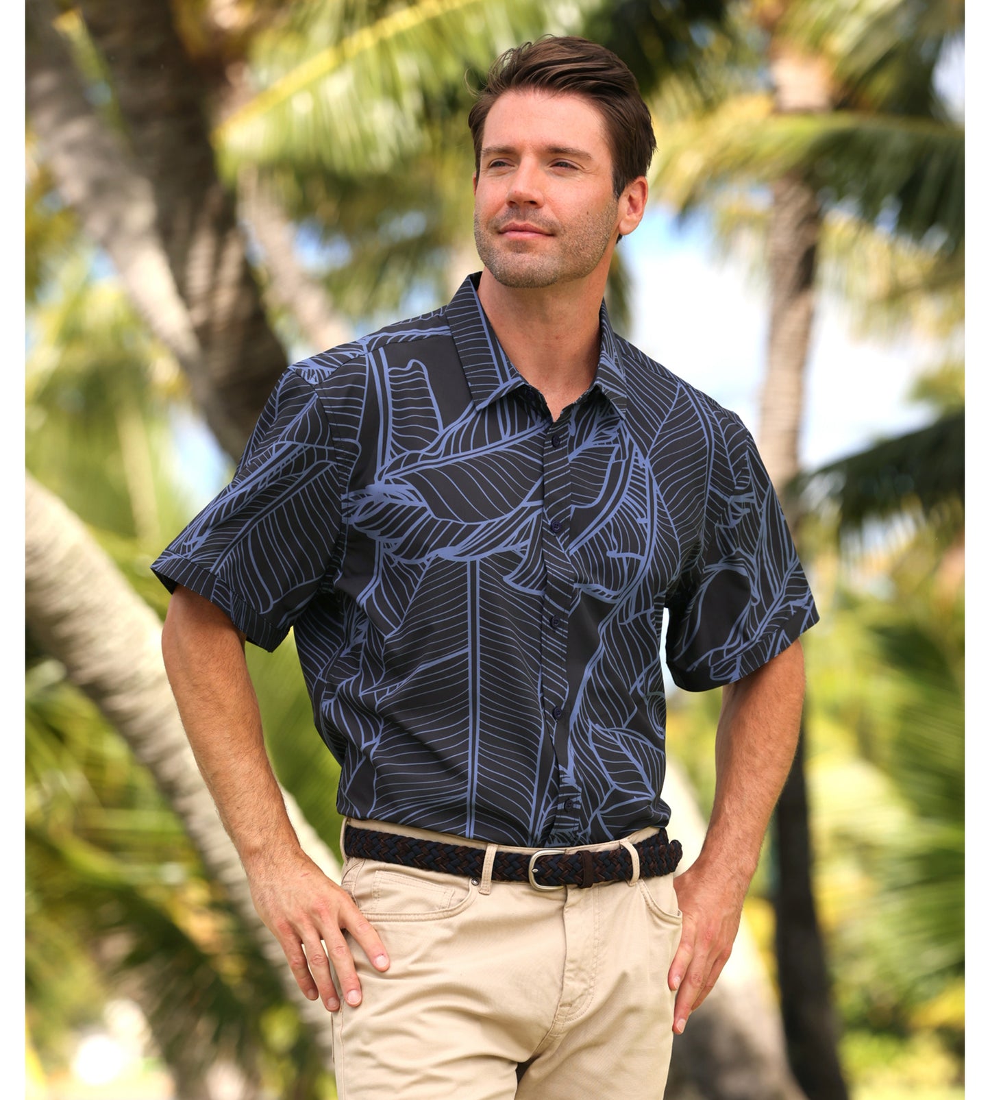 Island Crew Men's Stretch Short Sleeve Aloha Shirt: Banana Grove, Black