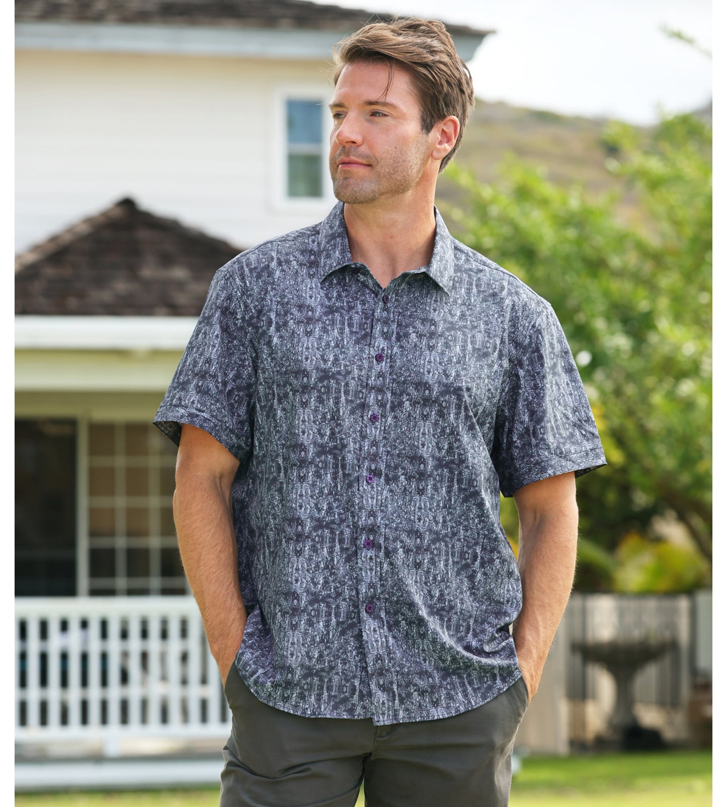 Island Crew Men's Stretch Short Sleeve Aloha Shirt: Island Eclipse