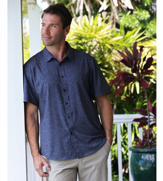 Island Crew Men's Stretch Short Sleeve Aloha Shirt: Cerulean Sea