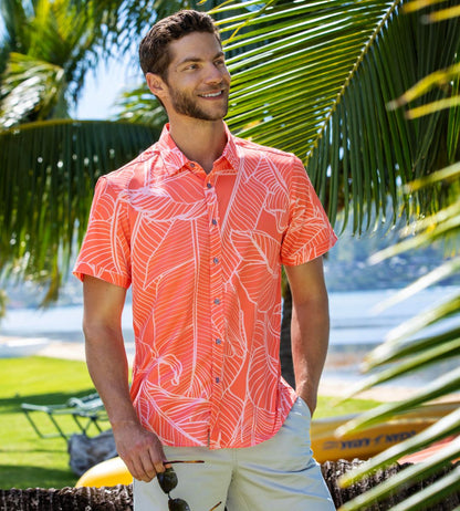 Island Crew Men's Stretch Short Sleeve Aloha Shirt: Banana Grove, Coral