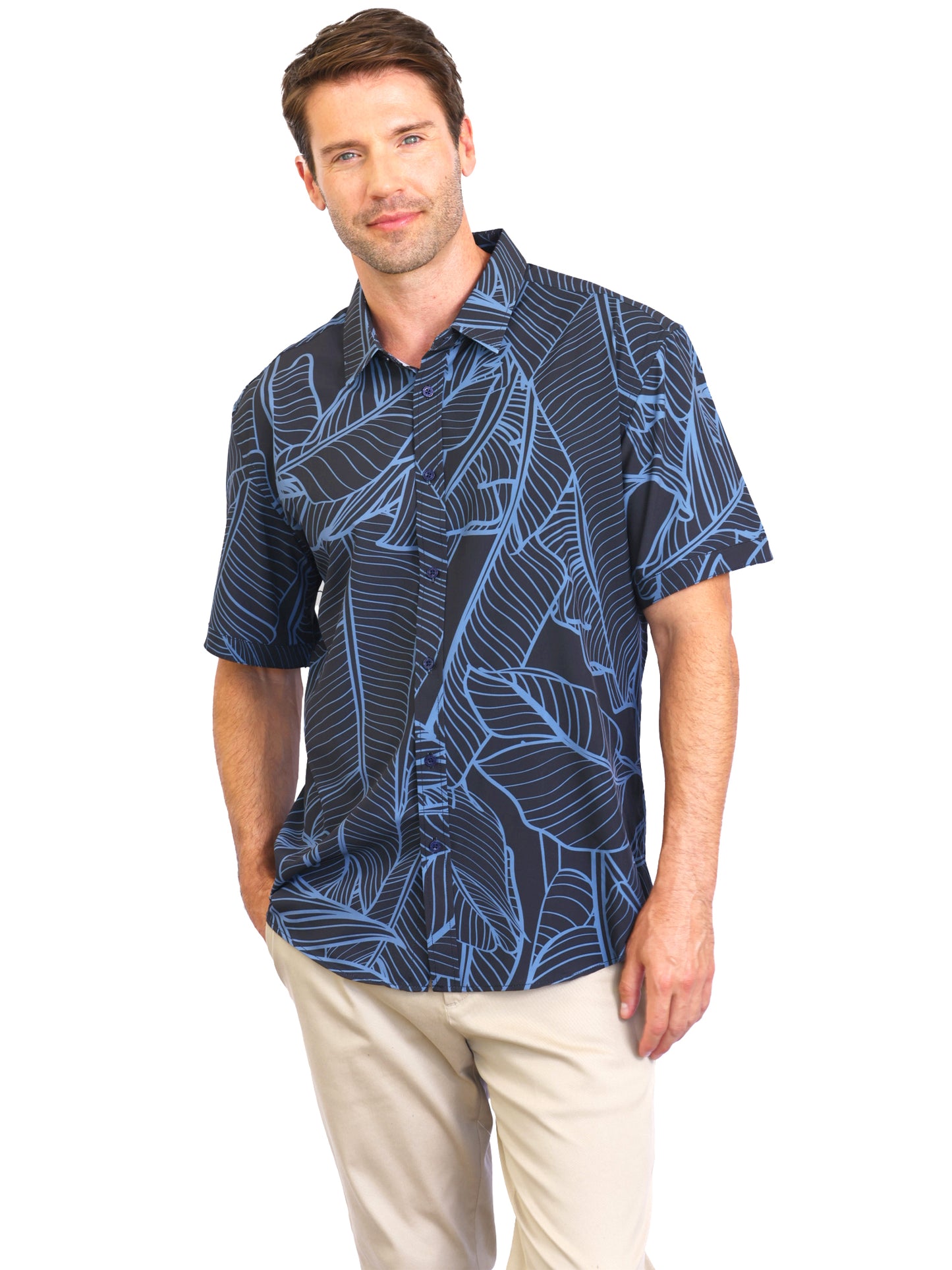 Island Crew Men's Stretch Short Sleeve Aloha Shirt: Banana Grove, Black