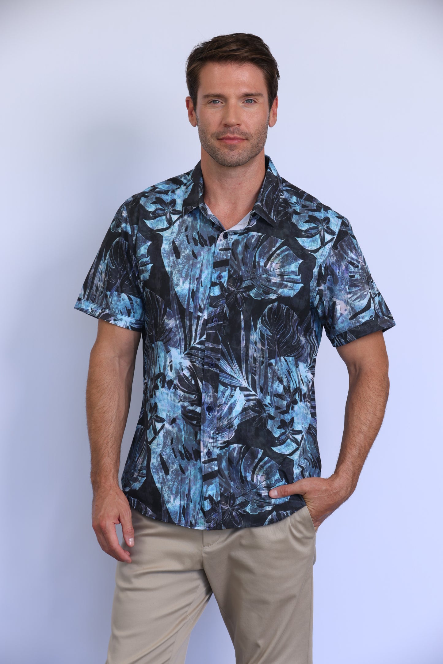 Island Crew Men's Stretch Short Sleeve Aloha Shirt: Jungle Isle