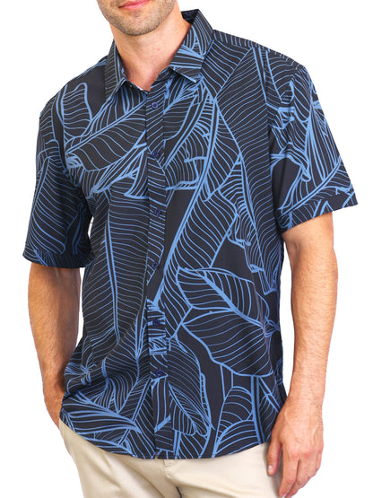 Island Crew Men's Stretch Short Sleeve Aloha Shirt: Banana Grove, Black