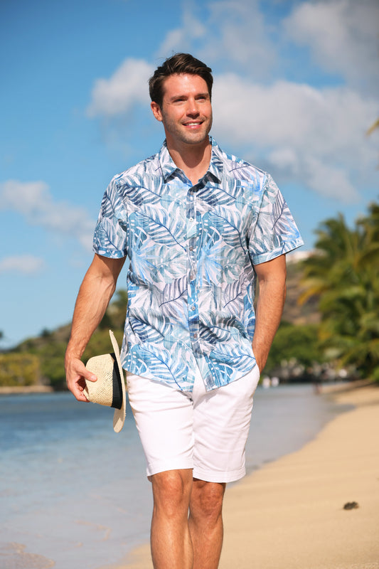 Island Crew Men's Stretch Short Sleeve Aloha Shirt: Tropical Season, White