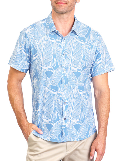 Island Crew Men's Stretch Short Sleeve Aloha Shirt: Leafy Lagoon