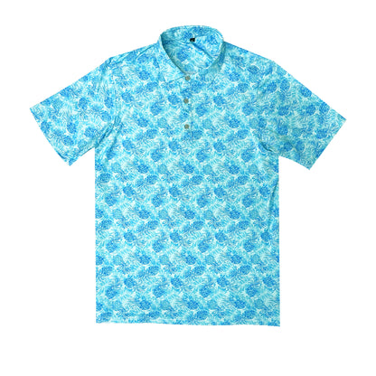 Island Crew Men's Stretch Short Sleeve Polo Shirt: Pineapple Garden, Aqua