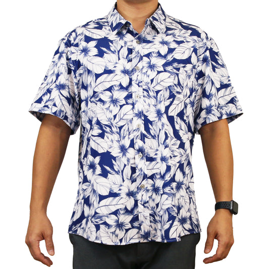 Island Crew Men's Stretch Short Sleeve Aloha Shirt: Midnight Floral, Blue