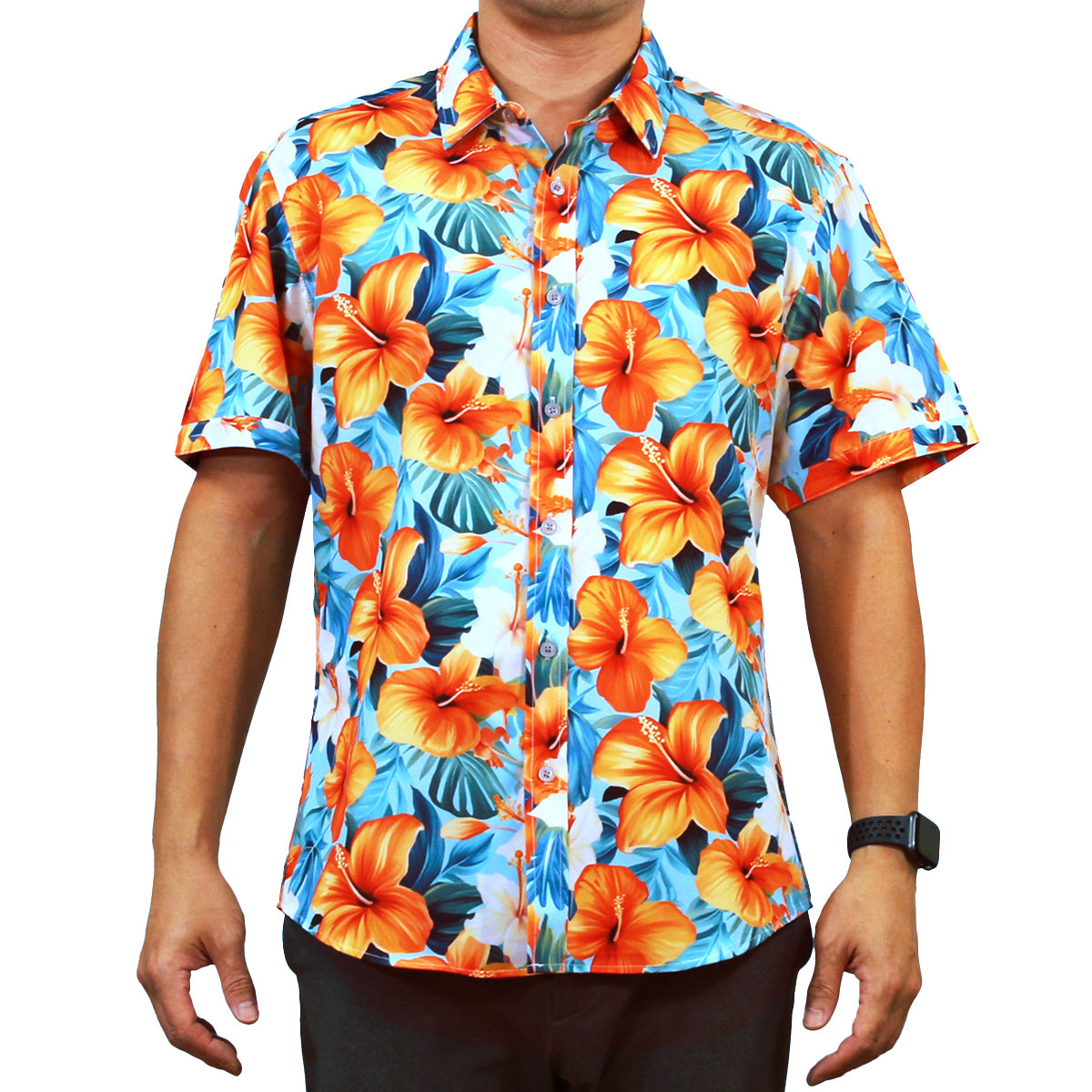 Island Crew Men's Stretch Short Sleeve Aloha Shirt: Island Escape, Aqua