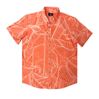 Island Crew Men's Stretch Short Sleeve Aloha Shirt: Banana Grove, Coral