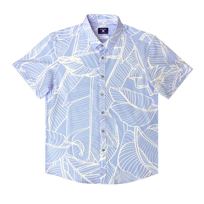 Island Crew Men's Stretch Short Sleeve Aloha Shirt: Banana Grove, Light Blue