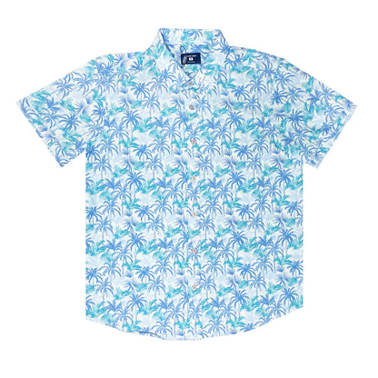 Island Crew Men's Stretch Short Sleeve Aloha Shirt: Palm Plantation, Light Blue